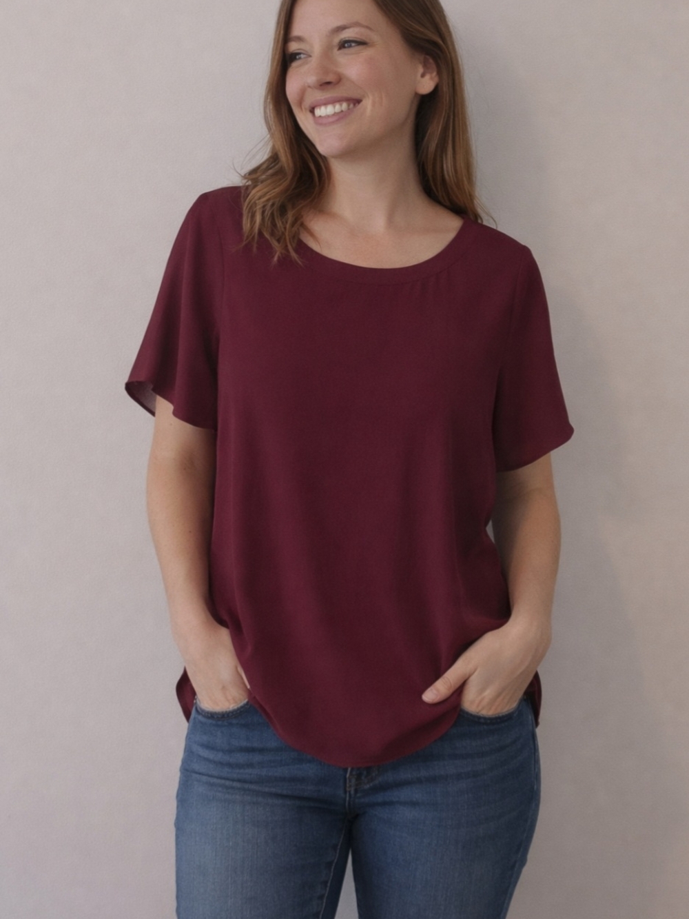 Banana Republic Deep Wine Short Sleeve Scoop Neck Office Business Blouse Small